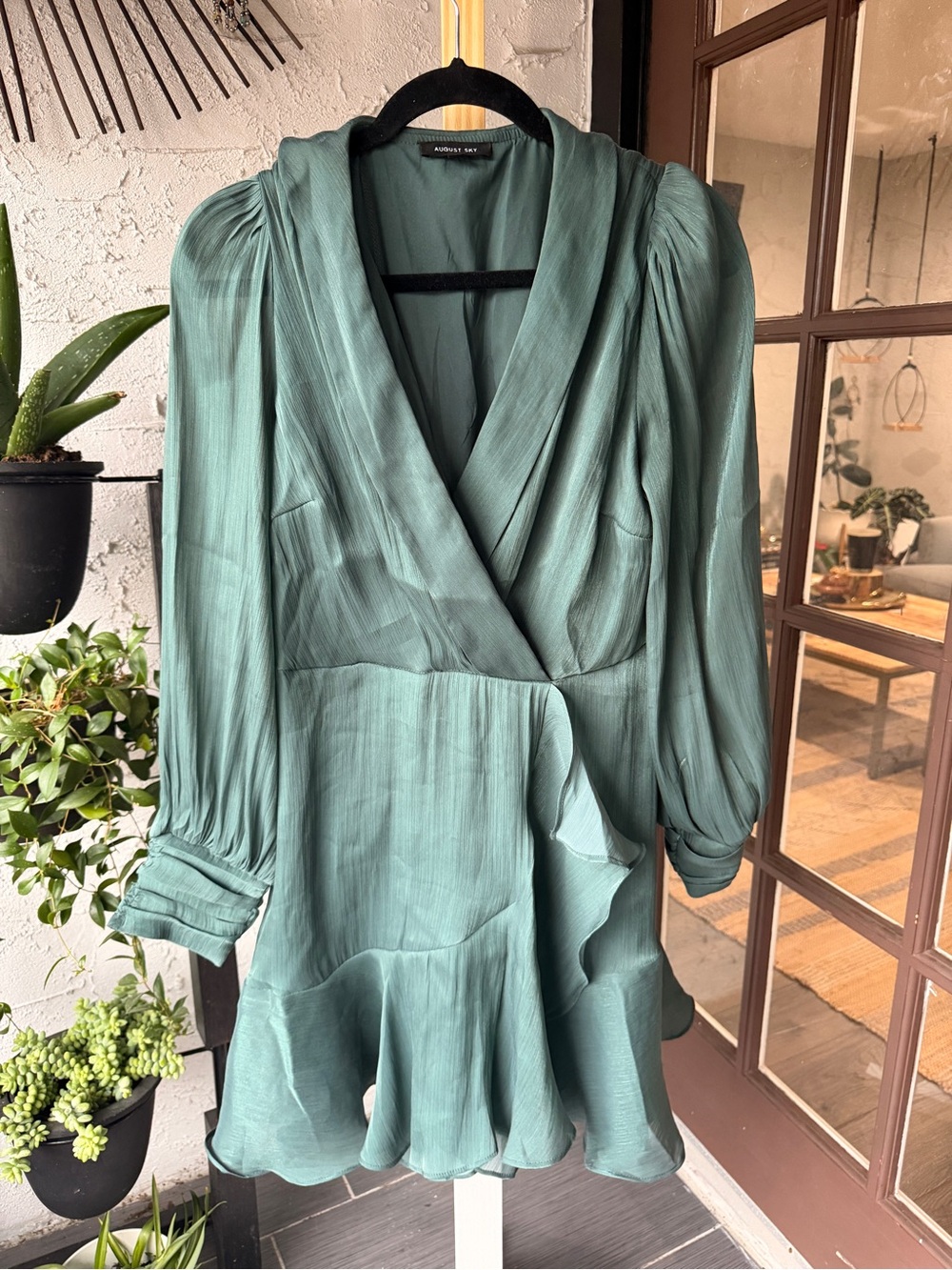 August Silk Sage Green Wrap-Style Dress Sz L